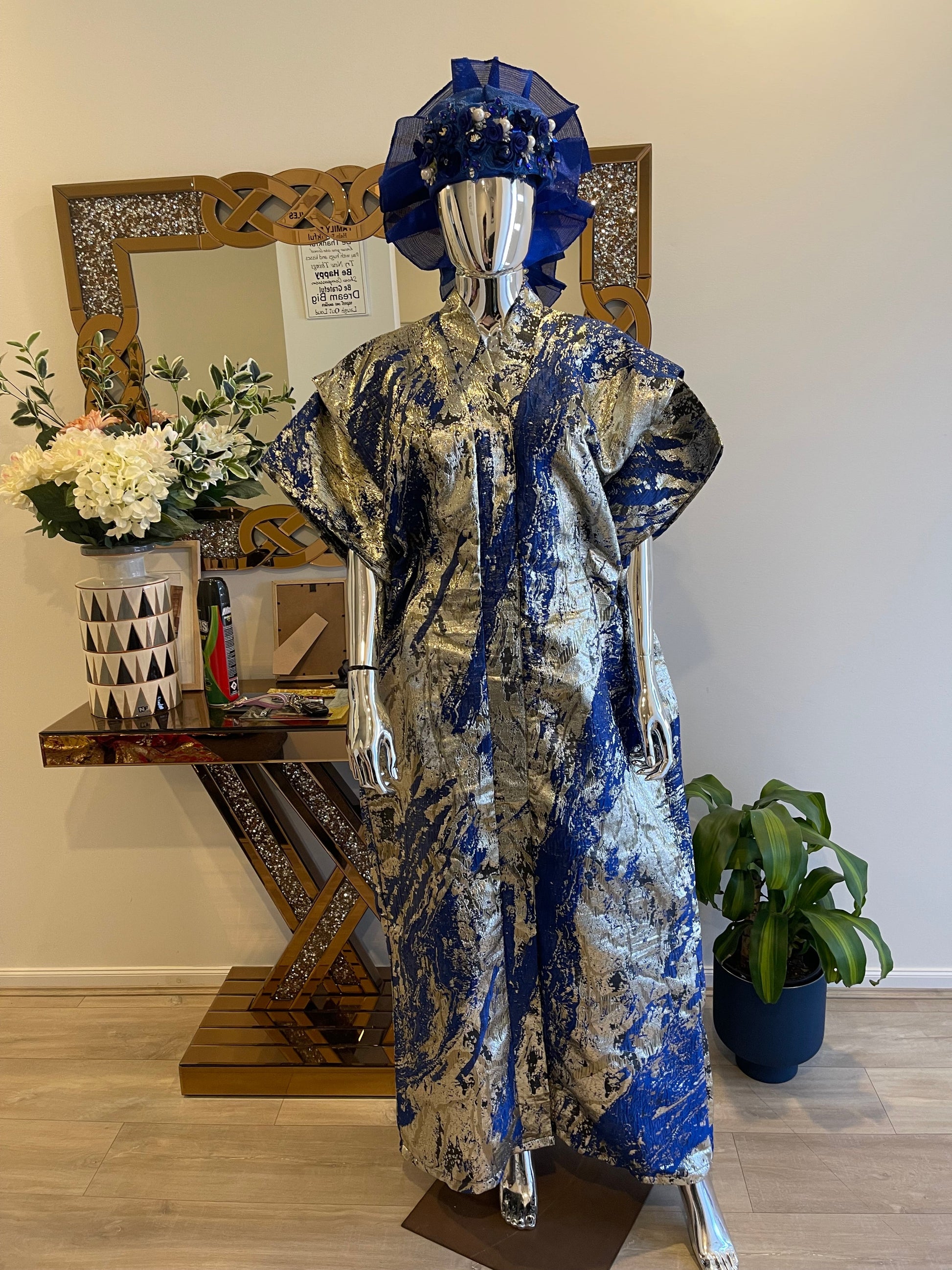 Royal blue silver gold African Damask Brocade elegant Bubu Boubou event dress with belts