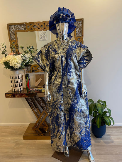 Royal blue silver gold African Damask Brocade elegant Bubu Boubou event dress with belts