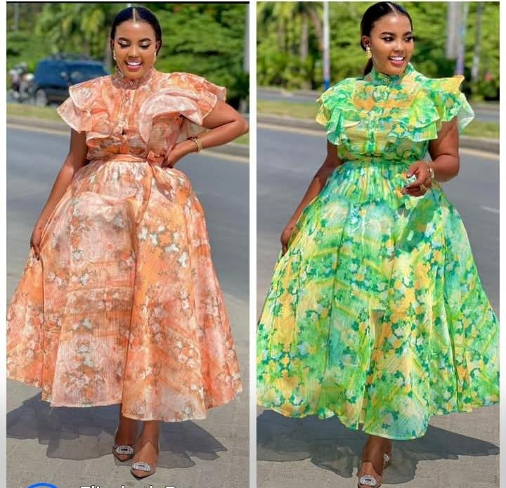 Elegant Floral Ruffle Midi Dress – Statement Sleeve Luxury Dress