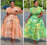 Elegant Floral Ruffle Midi Dress – Statement Sleeve Luxury Dress