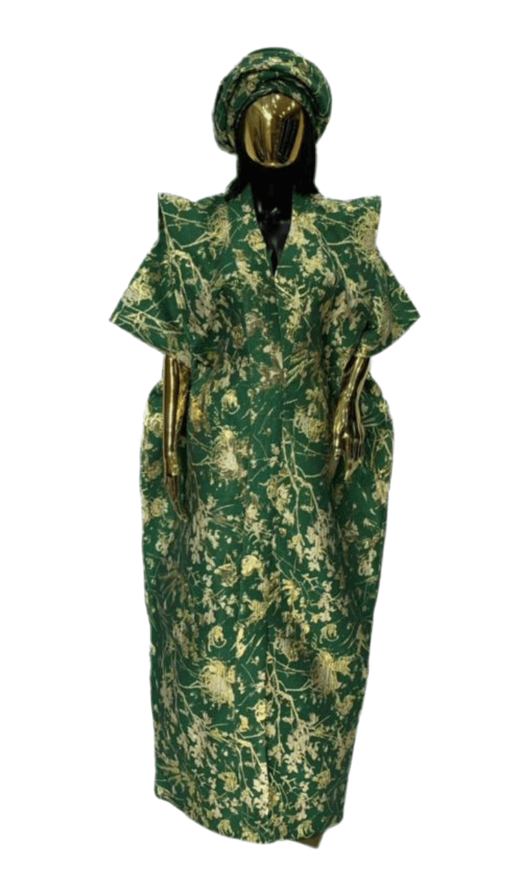 Floral green and gold African Damask Bubu Boubou elegant event dress with headwrap and adjustable belts