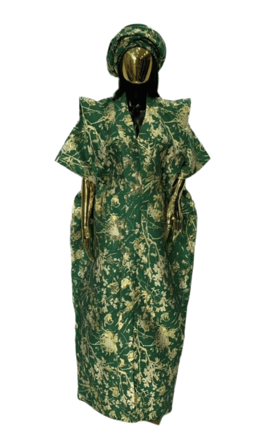 Floral green and gold African Damask Bubu Boubou elegant event dress with headwrap and adjustable belts