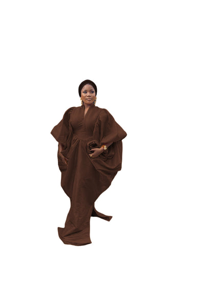 Chocolate brown raw silk fabric bubu boubou dress with turban and pleated sides