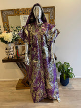 Purple Silver Gold African Damask Brocade elegant Bubu Boubou dress with belts
