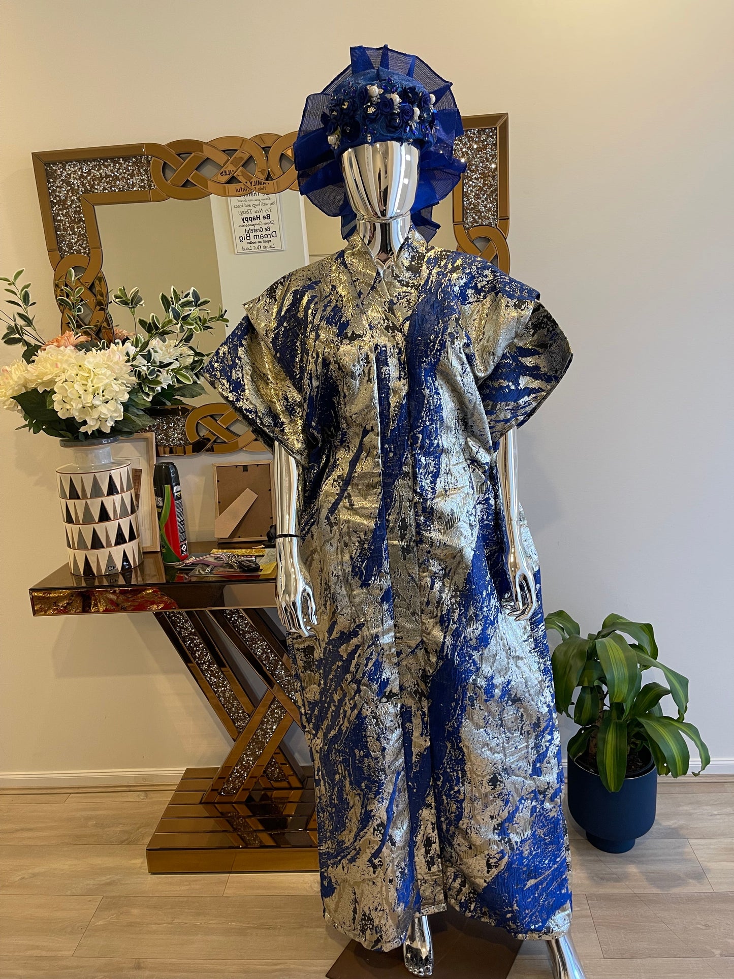 Royal Blue Silver Gold African Damask Brocade Bubu Boubou Elegant Event Dress with belts