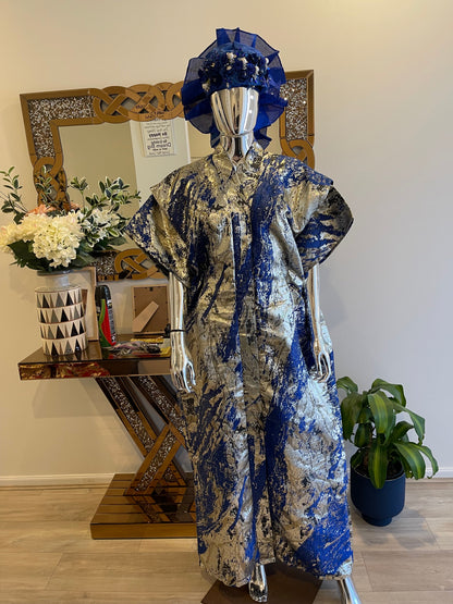 Royal Blue Silver Gold African Damask Brocade Bubu Boubou Elegant Event Dress with belts