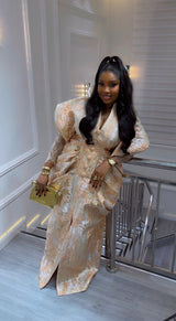 Amina Luxe Brocade Gown beige floral brocade dress with puff sleeves and lace detail