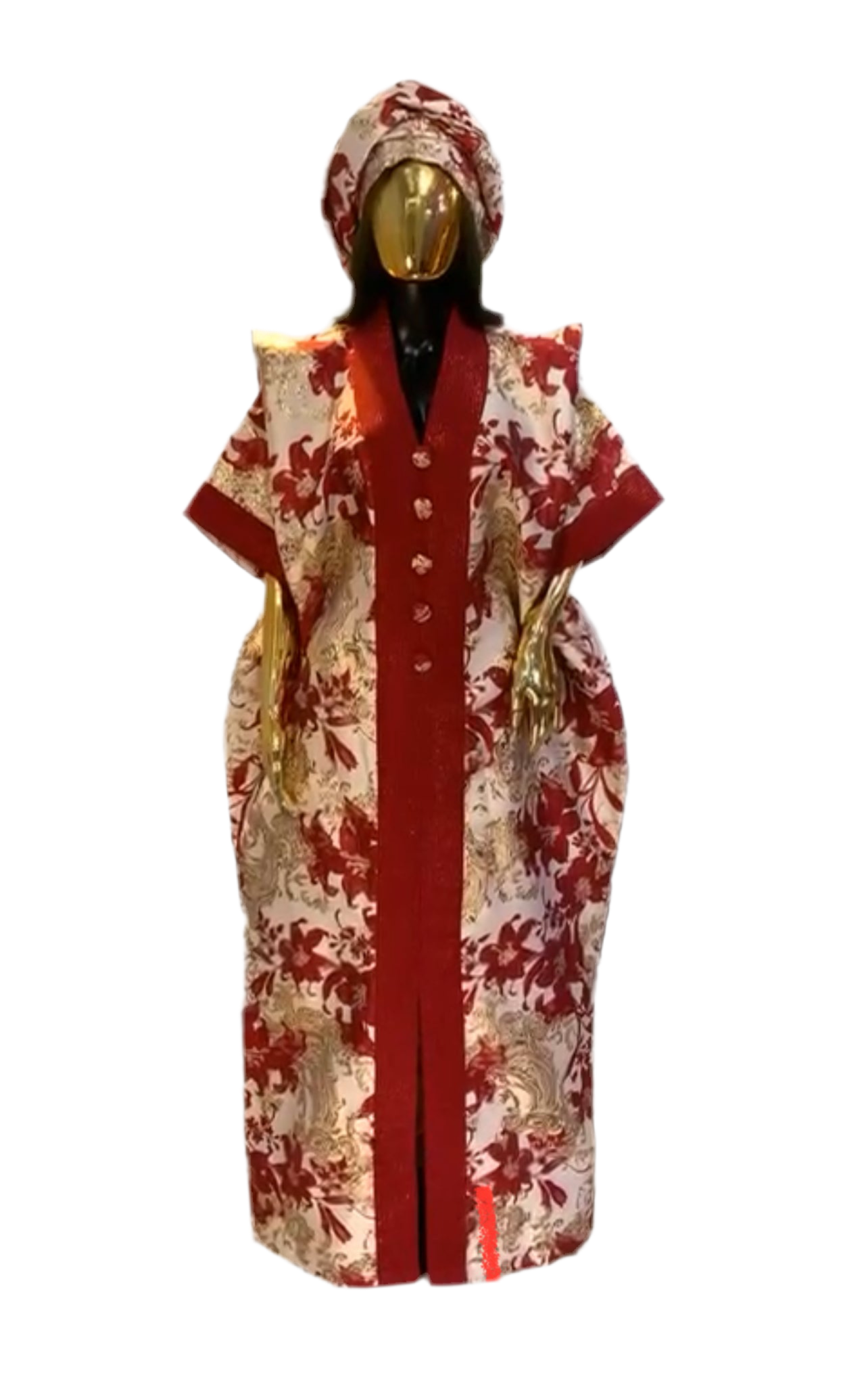 Red floral and gold African Damask Bubu Boubou elegant event dress with headpiece