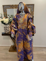 Purple orange floral and gold African Damask event dress with pleated sleeves and headpiece