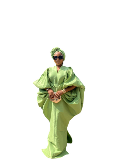 Lime Green Raw Silk Fabric with Free Side Pleated Bubu Boubou dress with Turban