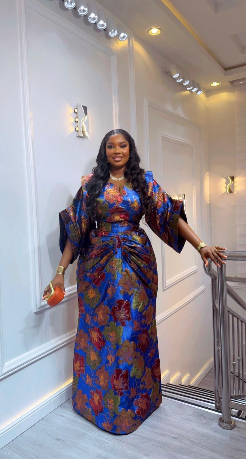 Royal Blue, Maroon & Gold African Waist Snatched African Damask Bubu Boubou Elegant Event Dress