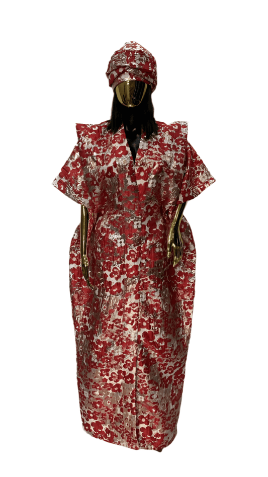 Red Floral and Gold African Arewa Damask Bubu Boubou elegant event dress with headpiece and belts