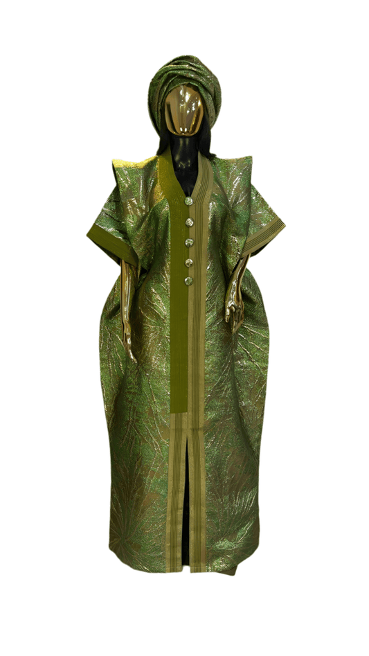 Green and Gold African Damask Bubu Boubou elegant event dress with matching headpiece