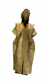 Elegant Gold African Damask Brocade Bubu Boubou dress with matching headpiece for formal events