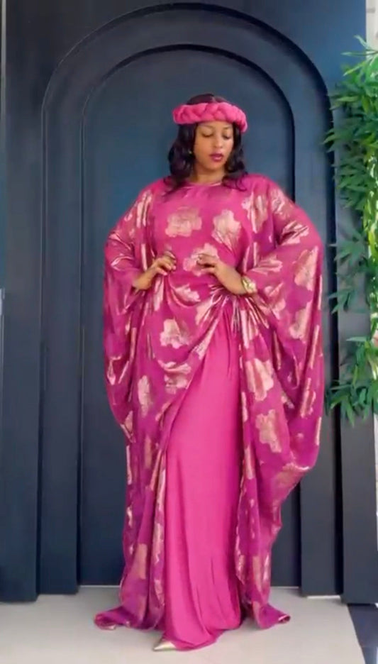 Pink and Gold 3 Piece Umunde Kaftan with Shiffon Underdress and Braided Headband