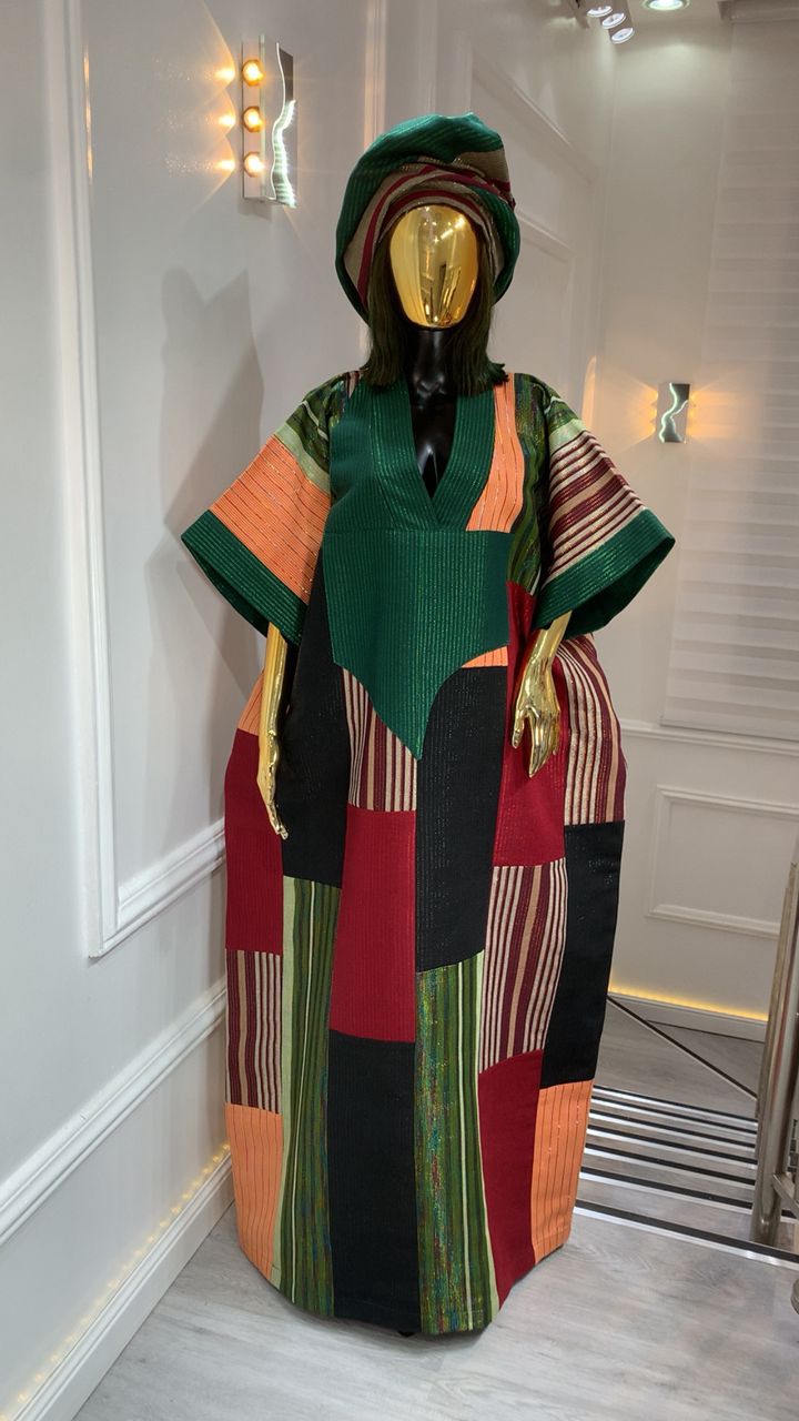 Vibrant African color Aso Oke Bubu dress in rich handwoven fabric with adjustable fit