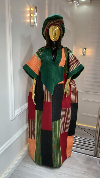 Vibrant African color Aso Oke Bubu dress in rich handwoven fabric with adjustable fit