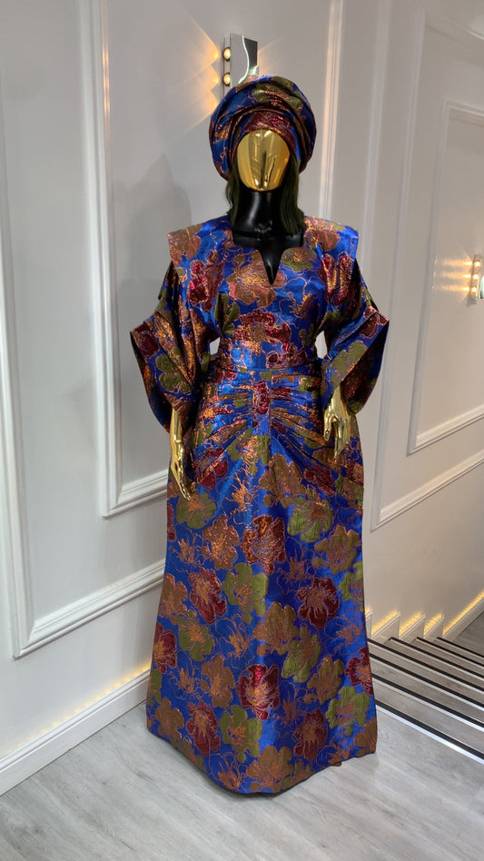 Royal Blue African Damask Bubu Boubou dress with maroon and gold waist-snatching design for elegant events