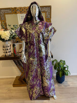 Purple Silver Gold African Damask Brocade Bubu Boubou Elegant Event Dress with belts and headpiece