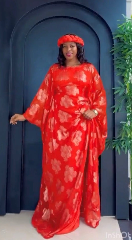 Orange and Gold 3 Piece Umunde Kaftan with Shiffon Underdress and Braided Headband