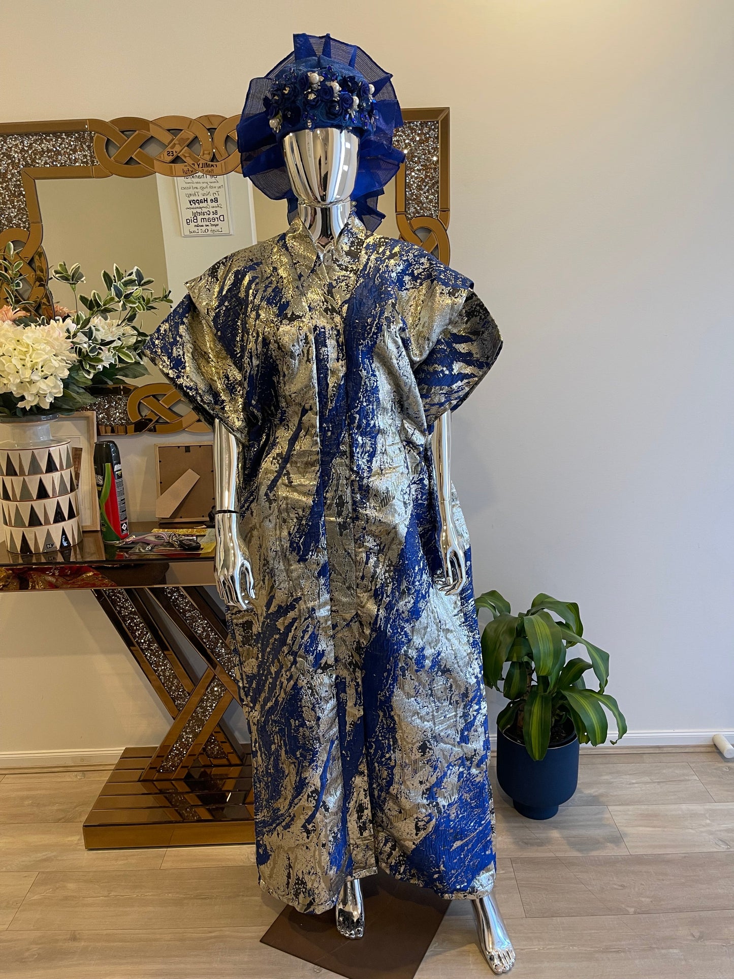 Royal blue, silver, and gold African Damask Brocade Bubu Boubou elegant event dress with waist belts