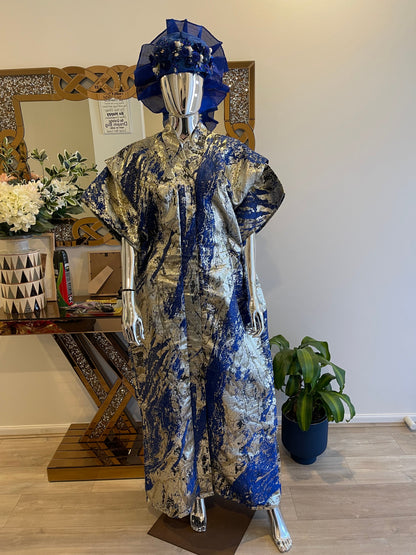 Royal blue, silver, and gold African Damask Brocade Bubu Boubou elegant event dress with waist belts
