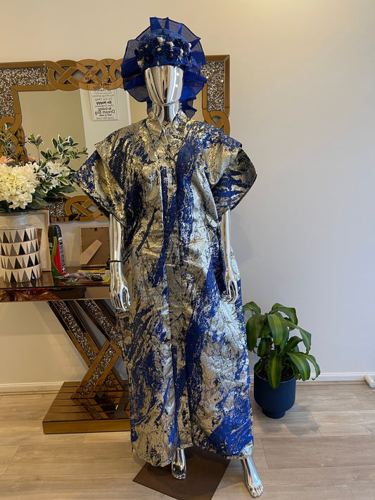 Royal blue, silver, and gold African Damask Brocade Bubu Boubou elegant event dress with waist belts