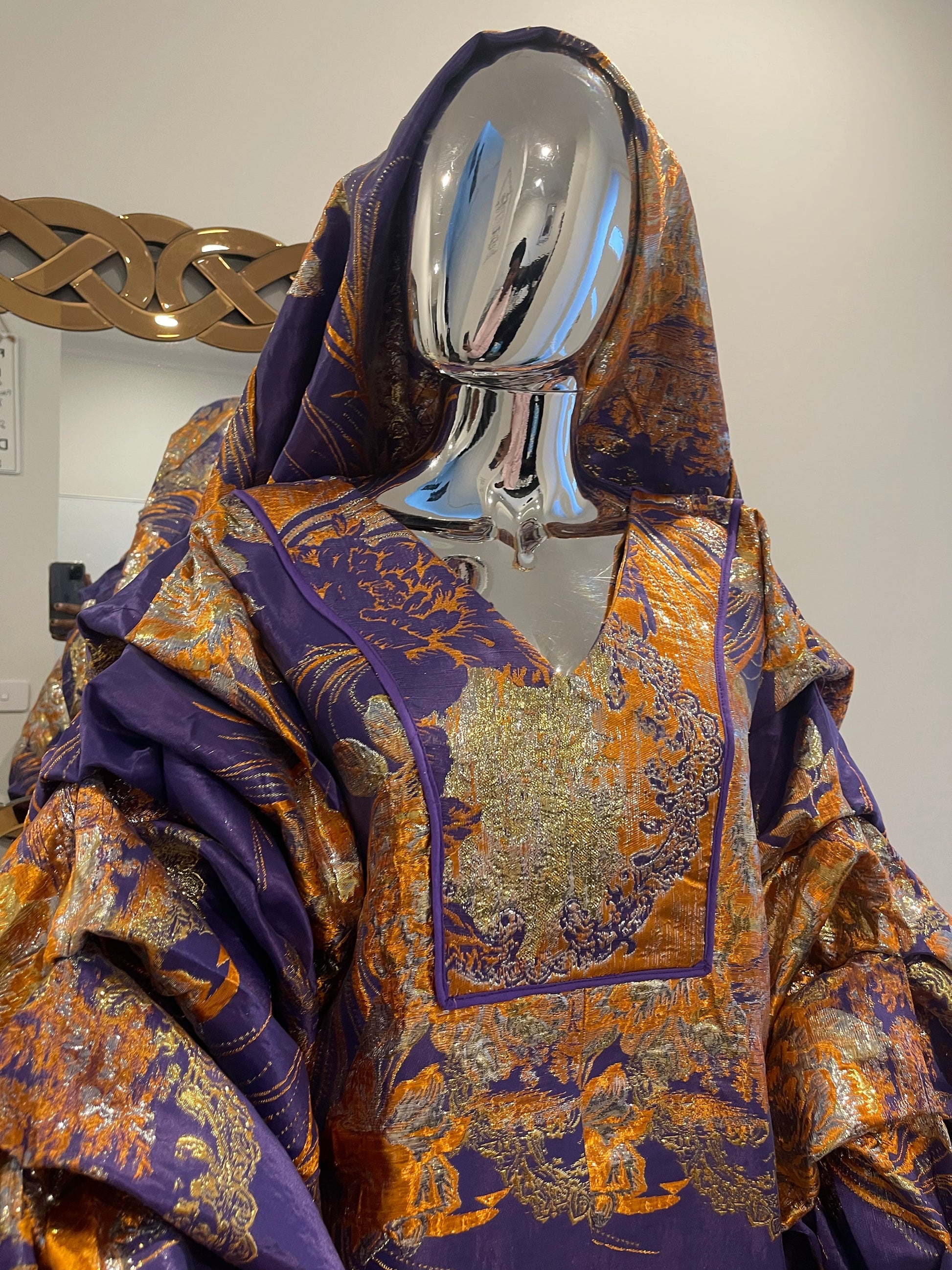 Purple Orange Floral African Damask Bubu Boubou Dress with Gold Pleated Sleeves and Headpiece