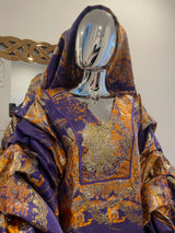 Purple Orange Floral African Damask Bubu Boubou Dress with Gold Pleated Sleeves and Headpiece