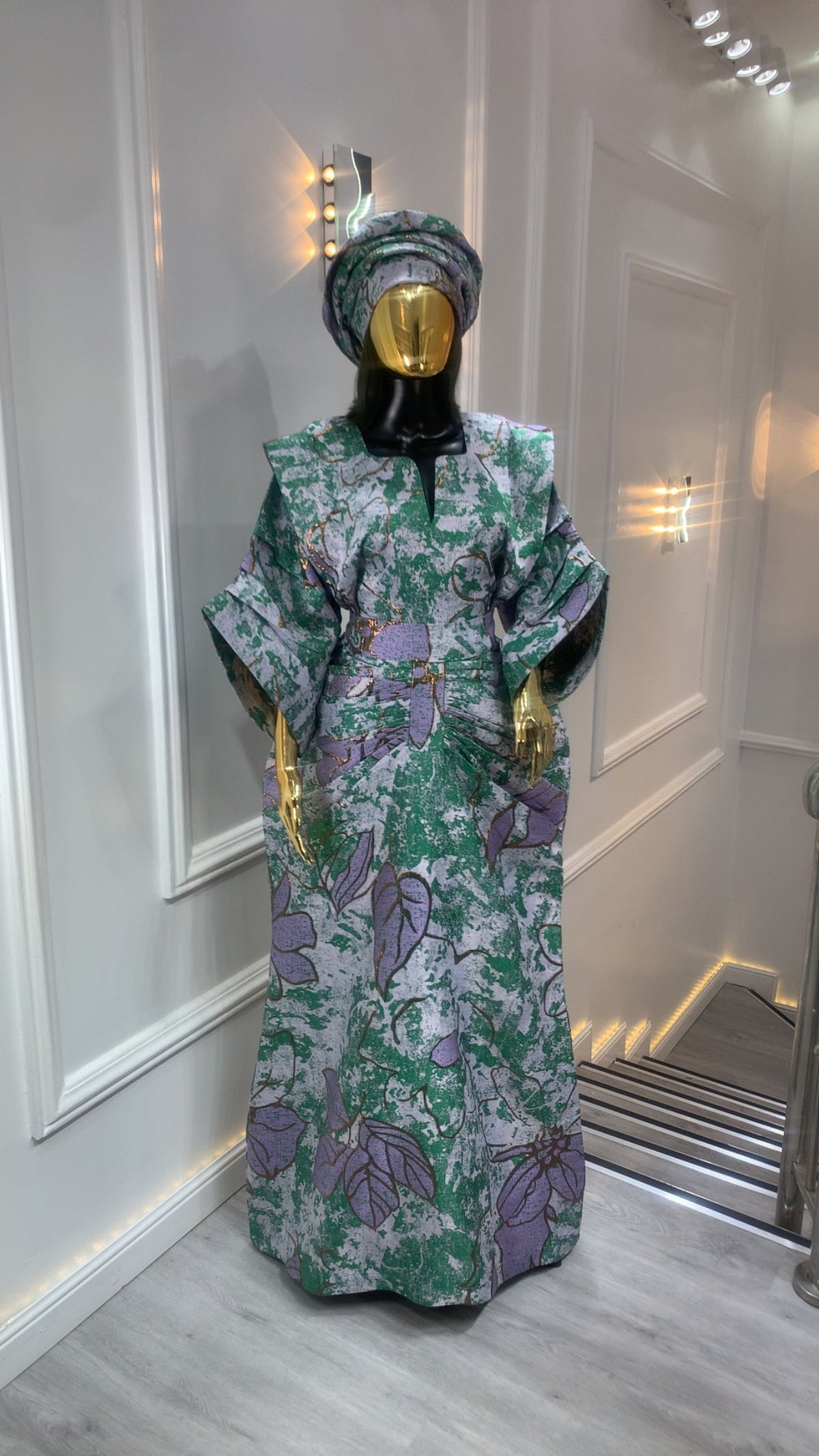 Green Grey & Gold Waist Snatched African Damask Bubu Boubou elegant event dress with headpiece