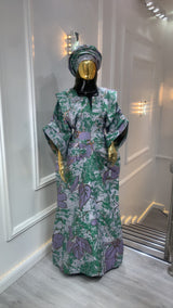 Green Grey & Gold Waist Snatched African Damask Bubu Boubou elegant event dress with headpiece
