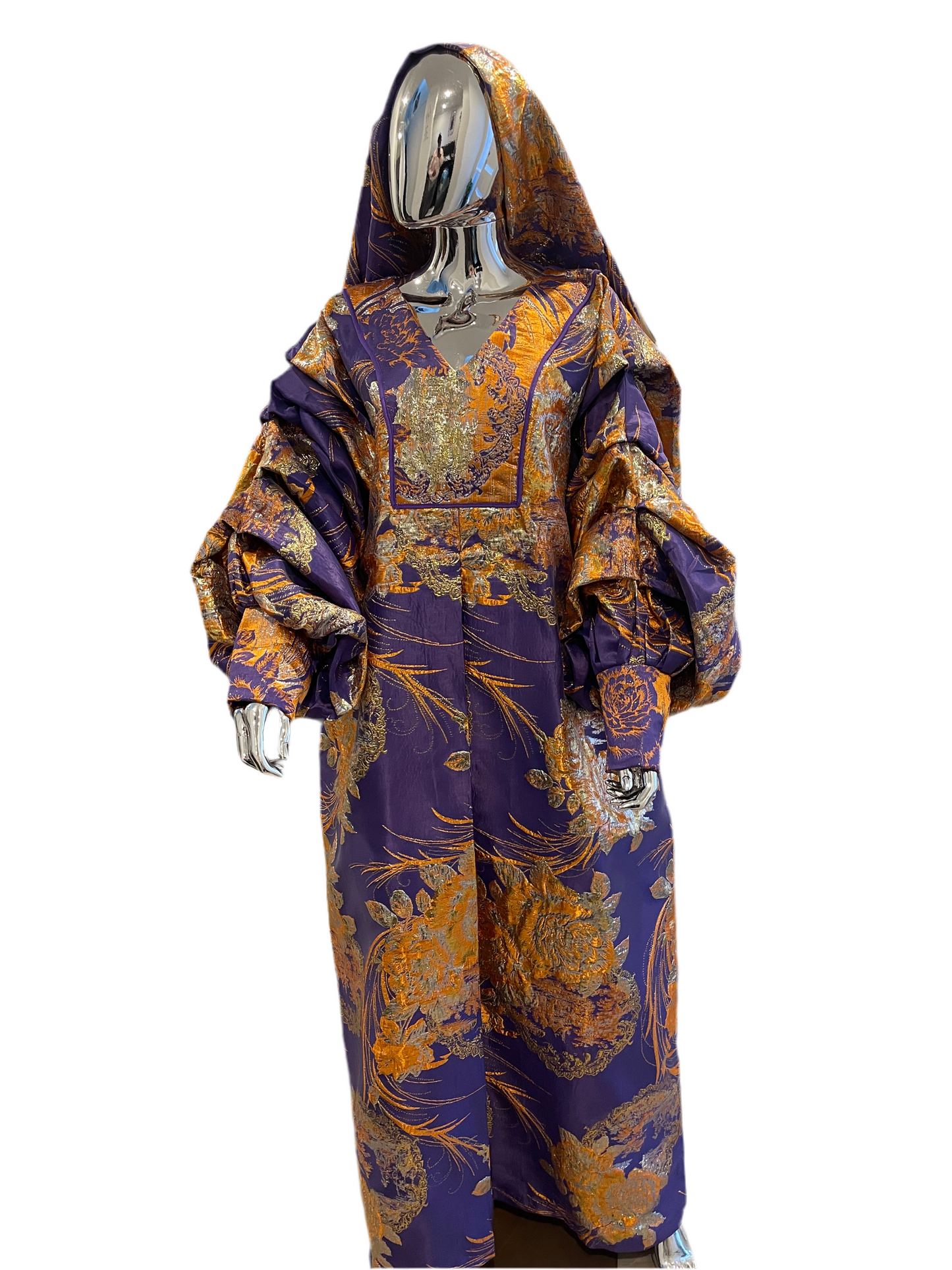 Purple orange floral and gold African Damask bubu boubou dress with pleated sleeves and headpiece