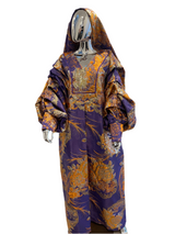 Purple orange floral and gold African Damask bubu boubou dress with pleated sleeves and headpiece