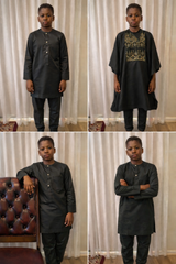 Boys 3 Piece Luxury Agbada set with embroidered flowing gown, buba top, and sokoto trousers