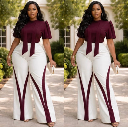 Women’s Elegant Two-Piece Pants Set With Puff Sleeve Top And Wide-Leg Colorblock Trousers