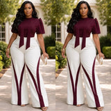 Women’s Elegant Two-Piece Pants Set With Puff Sleeve Top And Wide-Leg Colorblock Trousers