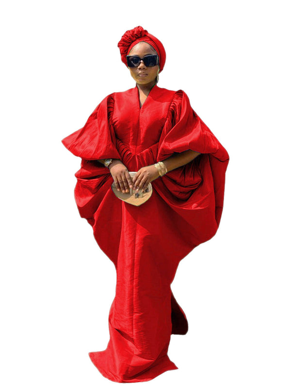 Red raw silk fabric elegant bubu boubou dress with turban and pleated sides