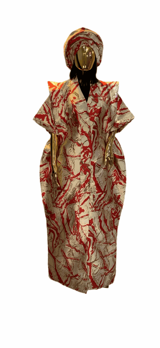 Red and Gold African Arewa Damask Bubu Boubou elegant event dress with matching headpiece
