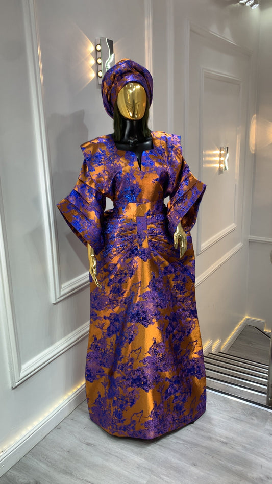 Royal Blue & Gold African Damask waist snatched Bubu Boubou event dress with headpiece