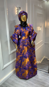 Royal Blue & Gold African Damask waist snatched Bubu Boubou event dress with headpiece