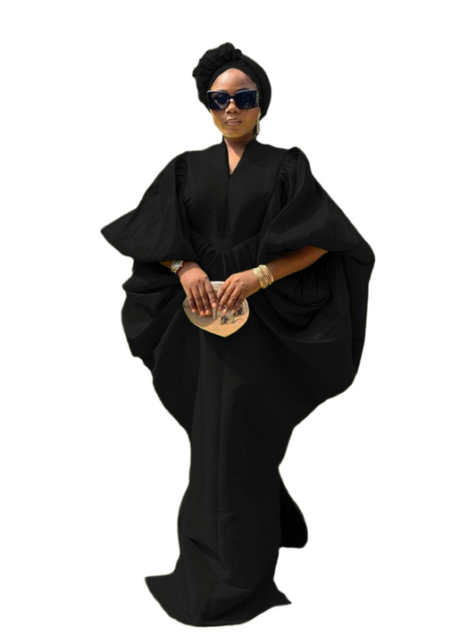 Black raw silk fabric bubu boubou dress with pleated sides and turban