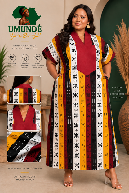 Olakunmi Multicolor Ankara Bubu African Clothing Free Size Women’s Size 4 to 24 | Black Yellow & Red African Print Maxi Dress