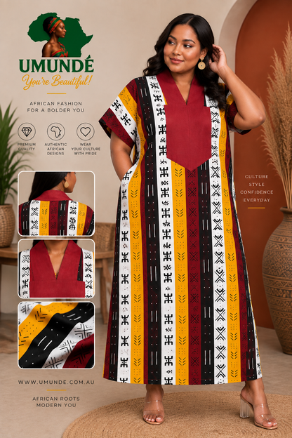 Olakunmi Multicolor Ankara Bubu African Clothing Free Size Women’s Size 4 to 24 | Black Yellow & Red African Print Maxi Dress
