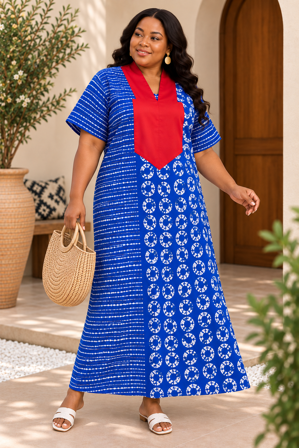 Olakunmi Blue Ankara Bubu African Clothing Free Size Women’s Size 4 to 24 | Blue African Print Maxi Dress with Red Detail