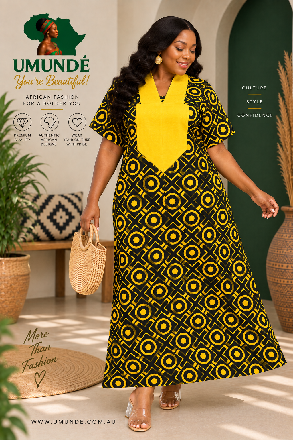 Olakunmi Yellow Ankara Bubu African Clothing Free Size Women’s Size 4 to 24 | Black African Print Maxi Dress with Yellow Detail