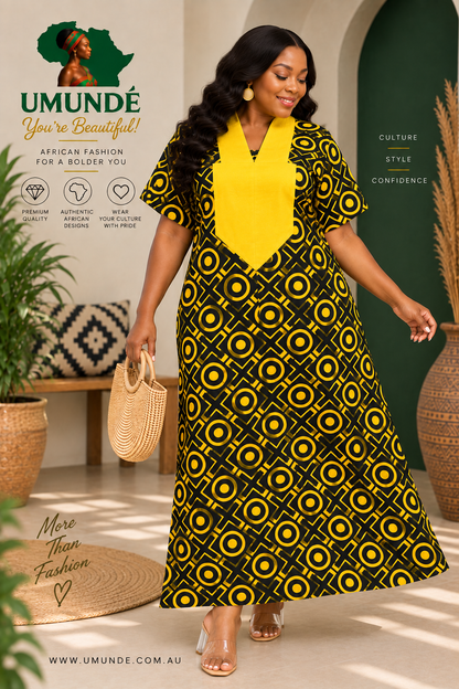 Olakunmi Yellow Ankara Bubu African Clothing Free Size Women’s Size 4 to 24 | Black African Print Maxi Dress with Yellow Detail