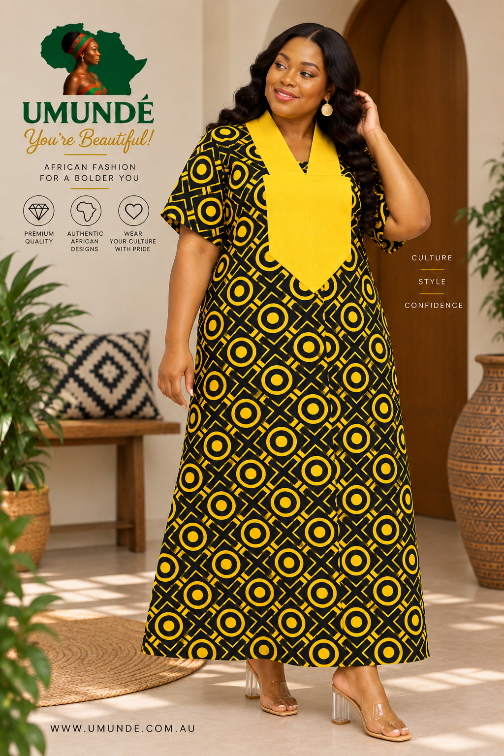 Olakunmi Yellow Ankara Bubu African Clothing Free Size Women’s Size 4 to 24 | Black African Print Maxi Dress with Yellow Detail