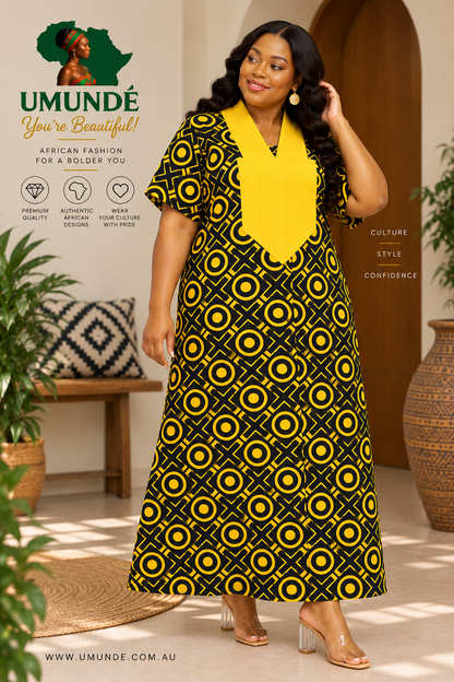 Olakunmi Yellow Ankara Bubu African Clothing Free Size Women’s Size 4 to 24 | Black African Print Maxi Dress with Yellow Detail