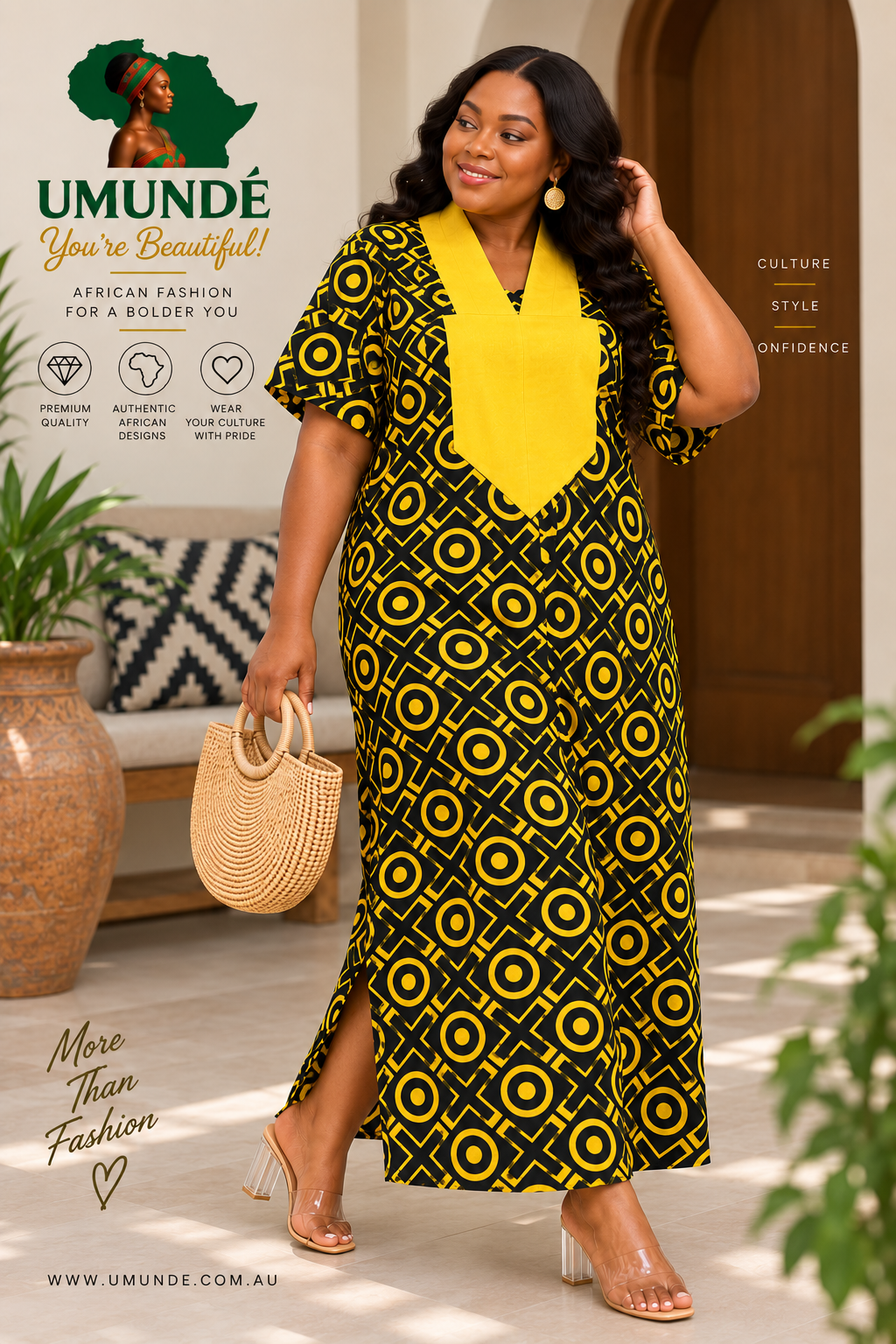 Olakunmi Yellow Ankara Bubu African Clothing Free Size Women’s Size 4 to 24 | Black African Print Maxi Dress with Yellow Detail