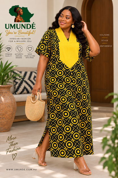 Olakunmi Yellow Ankara Bubu African Clothing Free Size Women’s Size 4 to 24 | Black African Print Maxi Dress with Yellow Detail
